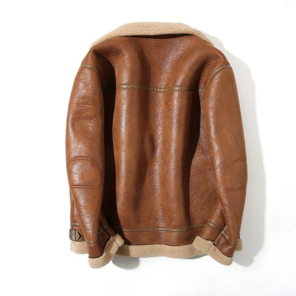 Men Distressed Brown B3 Genuine Sheepskin Sherpa Shearling Faux Fur Line Bomber - Picture 2 of 4